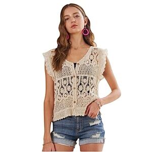 NWT Crochet Ruffle Button Front Vest Top Ivory Natural Cream Vintage Boho